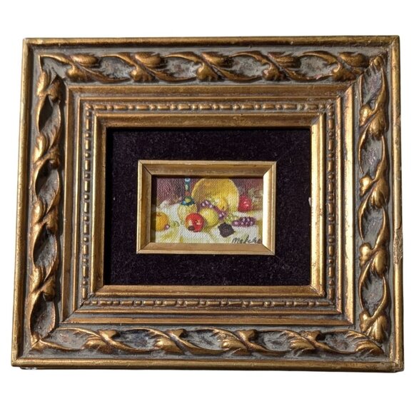 Miniature Oil Painting With Ornate Gold Frame & Fruit Design - Picture 1 of 12